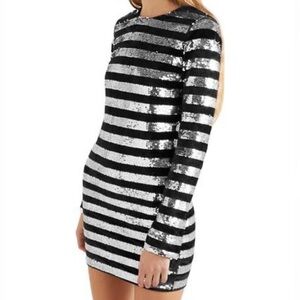 RtA Silver Sequin and Black Velvet Striped Lomg Sleeve Bodycon Mini Dress